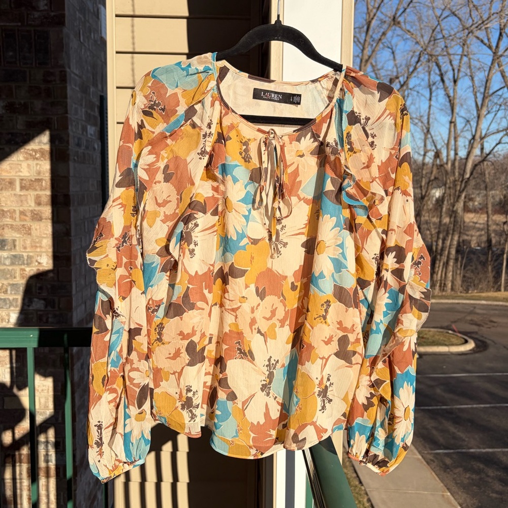 🆕 Lauren Ralph Lauren Floral Blouse Size Large Boho Sheer Multicolor Top Style - Picture 5 of 17